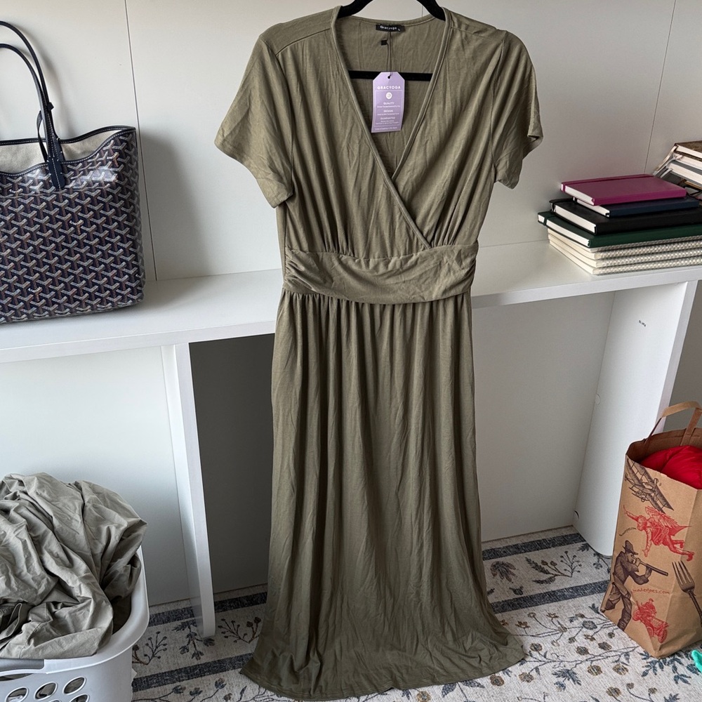 Madewell Olive Wrap-Front Short Sleeve Maxi Dress